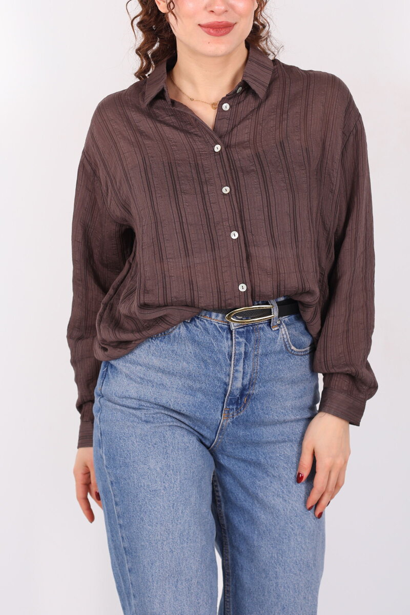 Dokulu Oversize Hafif Transparan Kadın Kahverengi Gömlek - 2