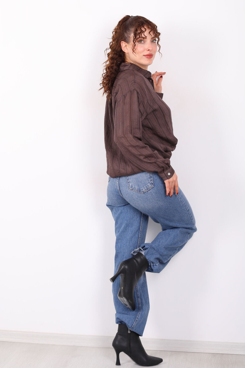 Dokulu Oversize Hafif Transparan Kadın Kahverengi Gömlek - 5