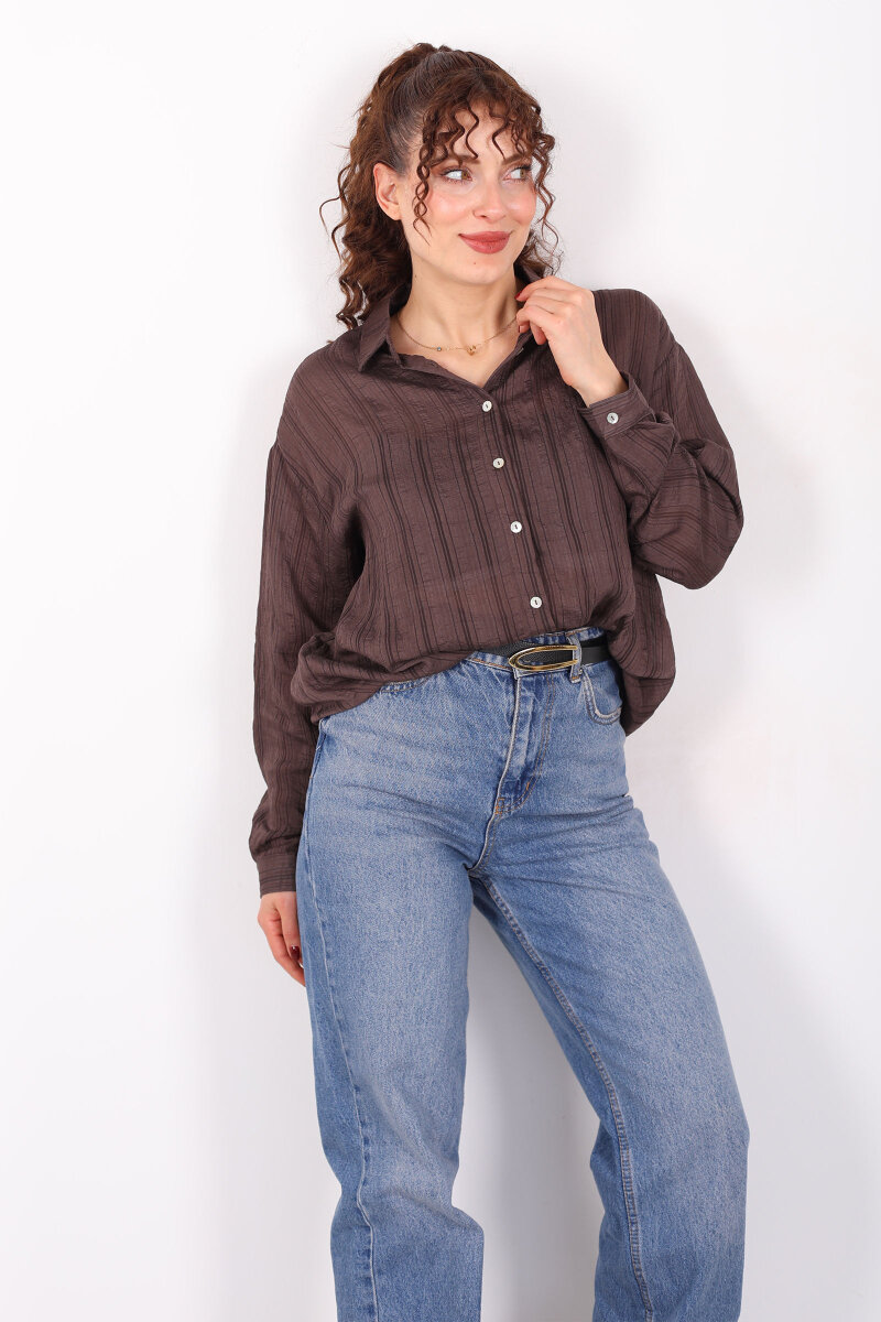Dokulu Oversize Hafif Transparan Kadın Kahverengi Gömlek - 6