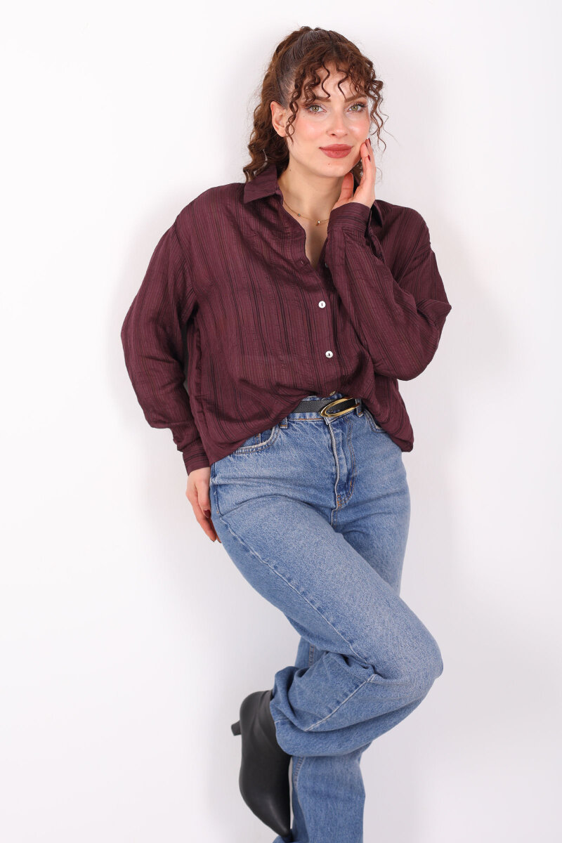 Dokulu Oversize Hafif Transparan Kadın Mürdüm Gömlek - 1