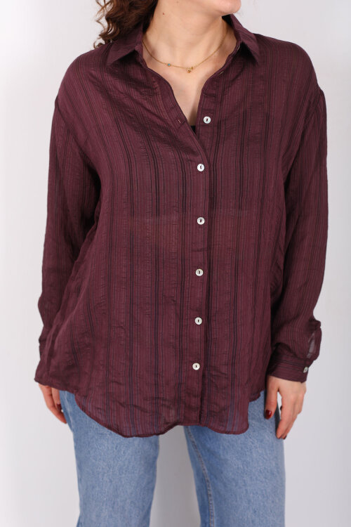 Dokulu Oversize Hafif Transparan Kadın Mürdüm Gömlek - Berox (1)