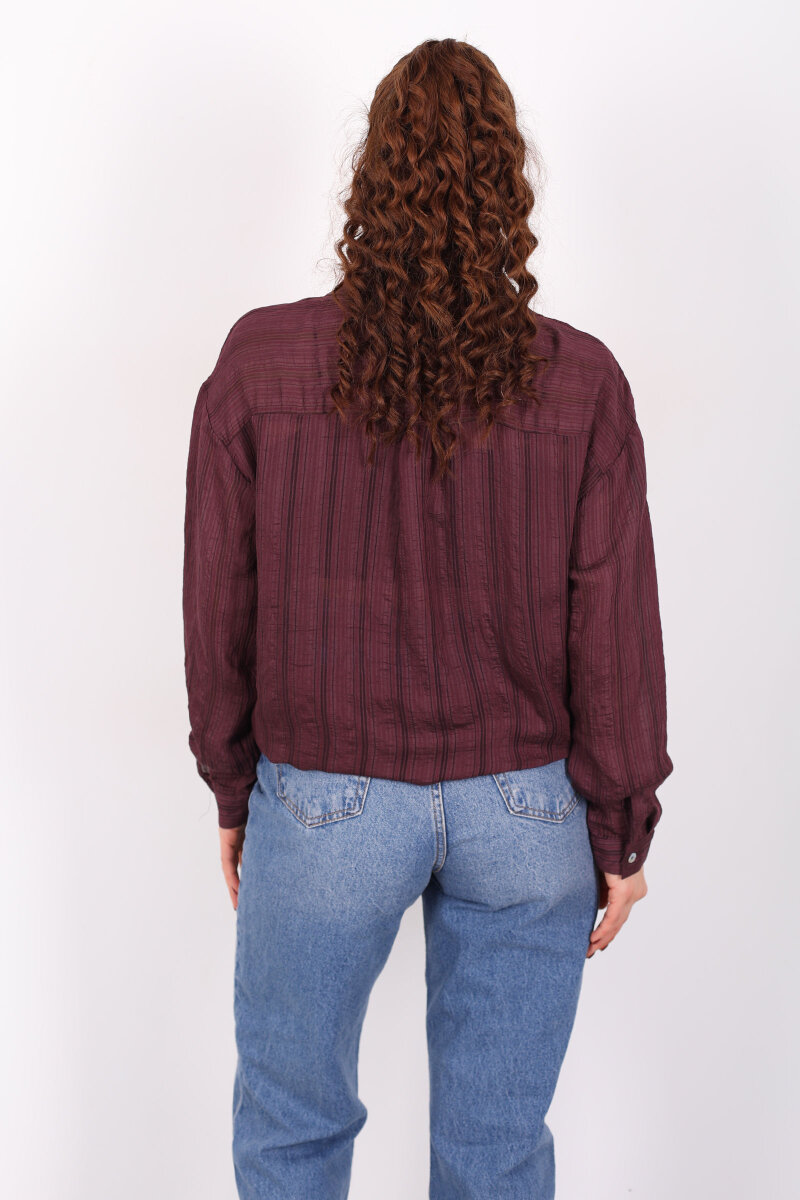 Dokulu Oversize Hafif Transparan Kadın Mürdüm Gömlek - 5