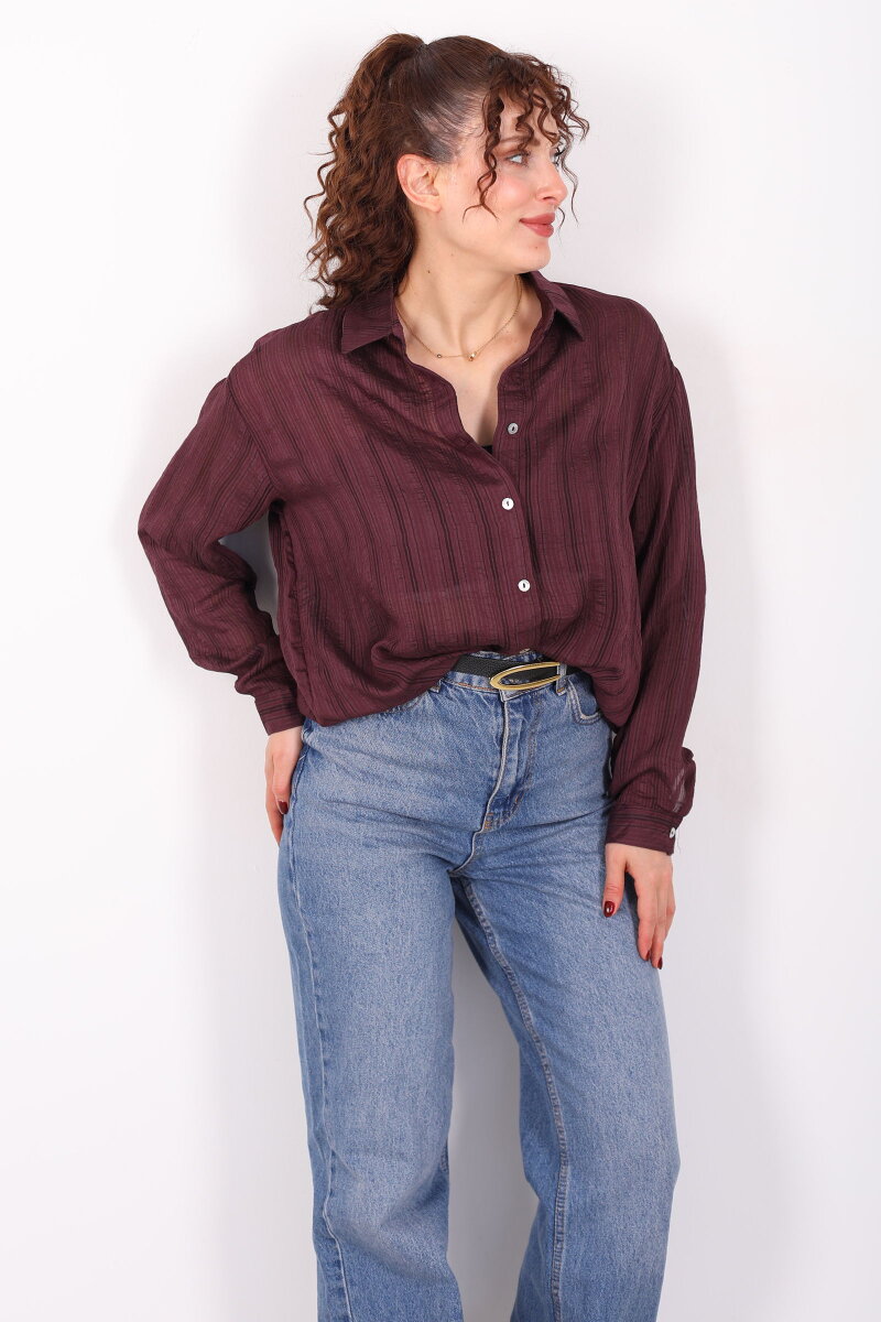 Dokulu Oversize Hafif Transparan Kadın Mürdüm Gömlek - 4