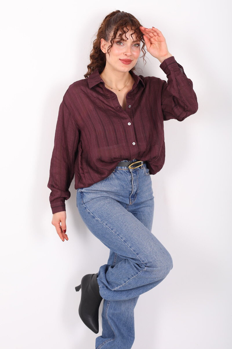 Dokulu Oversize Hafif Transparan Kadın Mürdüm Gömlek - 6