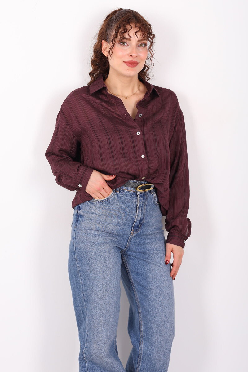 Dokulu Oversize Hafif Transparan Kadın Mürdüm Gömlek - 3