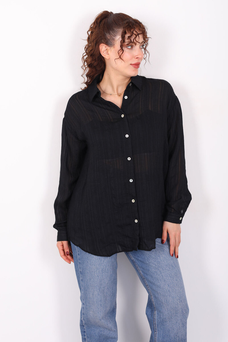 Dokulu Oversize Hafif Transparan Kadın Siyah Gömlek - 4