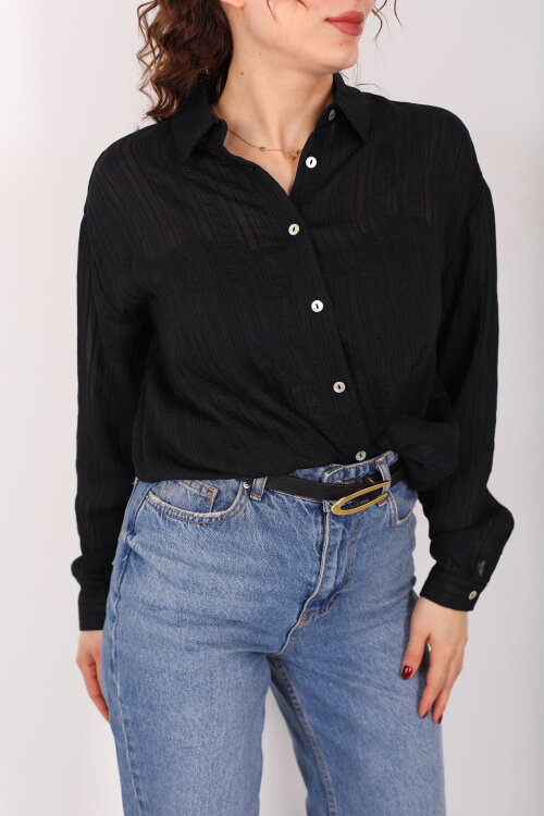 Dokulu Oversize Hafif Transparan Kadın Siyah Gömlek - Berox (1)