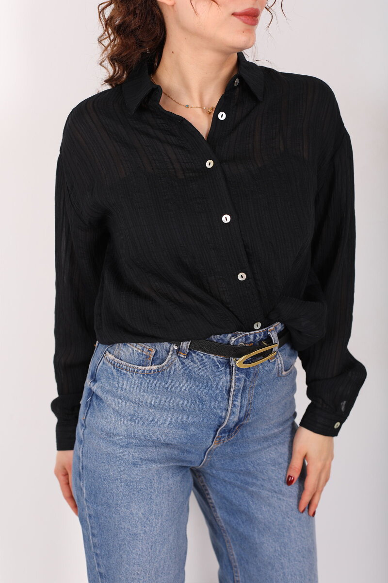 Dokulu Oversize Hafif Transparan Kadın Siyah Gömlek - 2