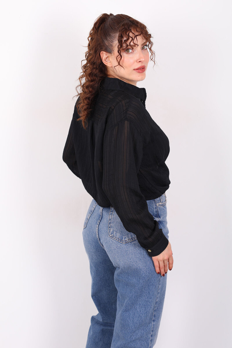 Dokulu Oversize Hafif Transparan Kadın Siyah Gömlek - 5