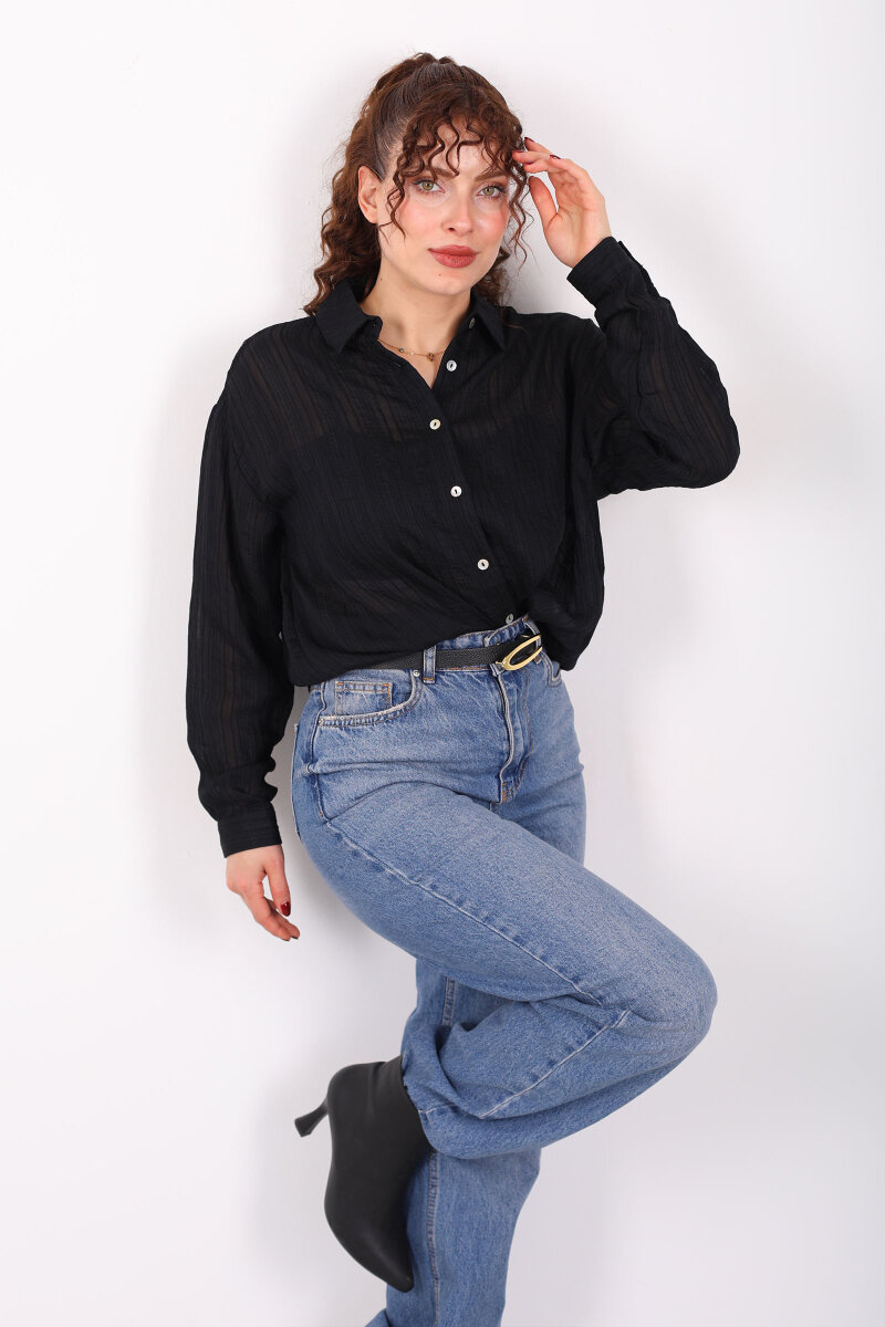 Dokulu Oversize Hafif Transparan Kadın Siyah Gömlek - 3