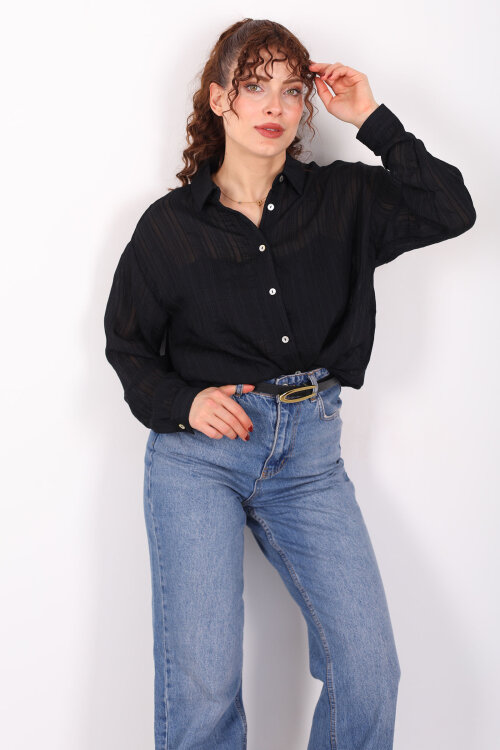 Dokulu Oversize Hafif Transparan Kadın Siyah Gömlek - Berox