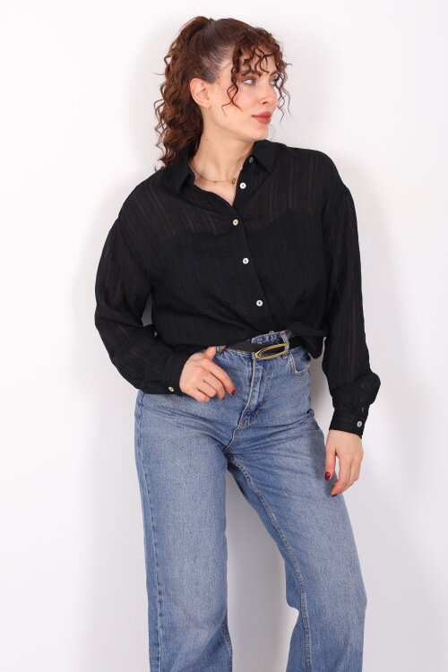 Dokulu Oversize Hafif Transparan Kadın Siyah Gömlek - 6