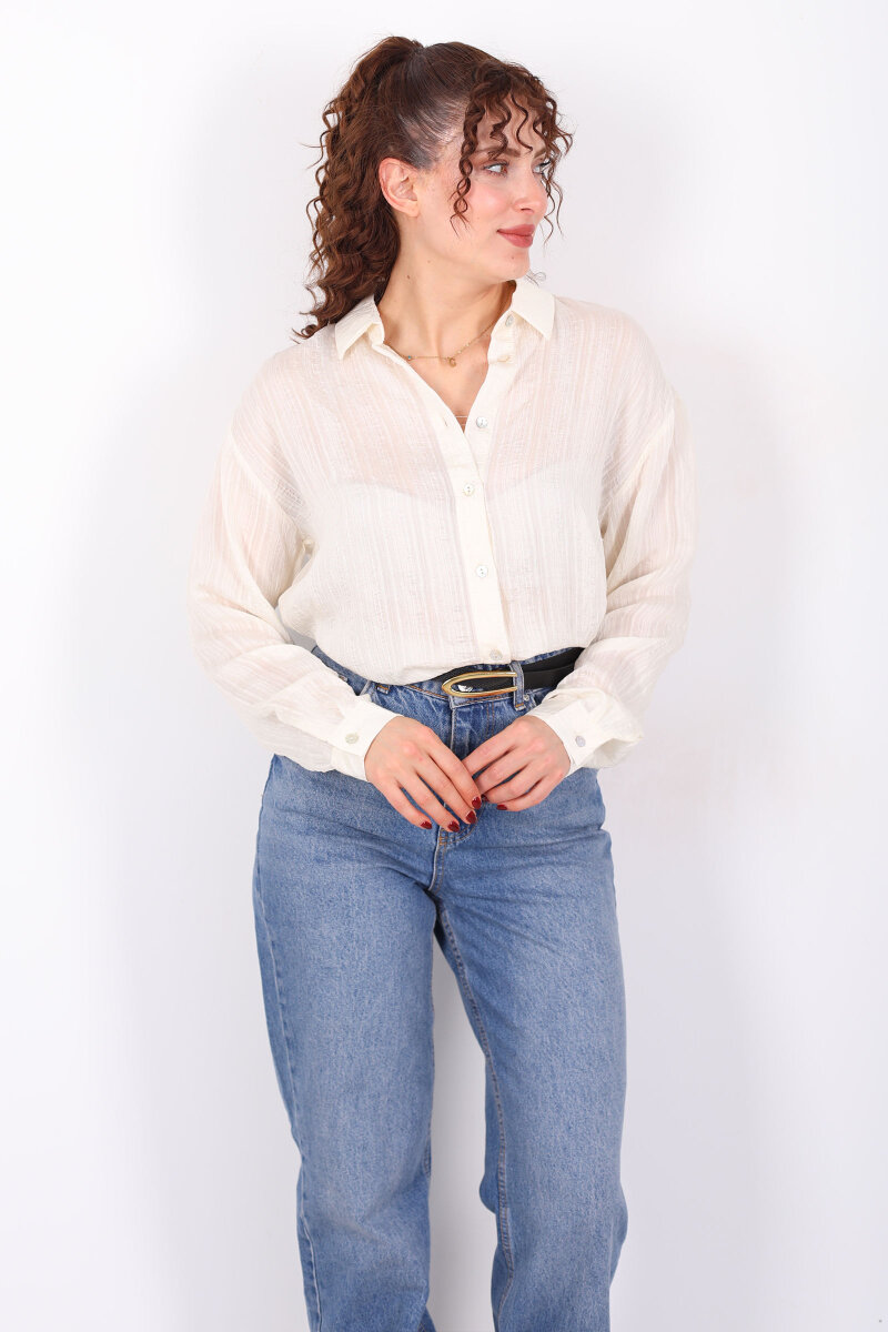 Dokulu Oversize Hafif Transparan Kadın Taş Rengi Gömlek - 3