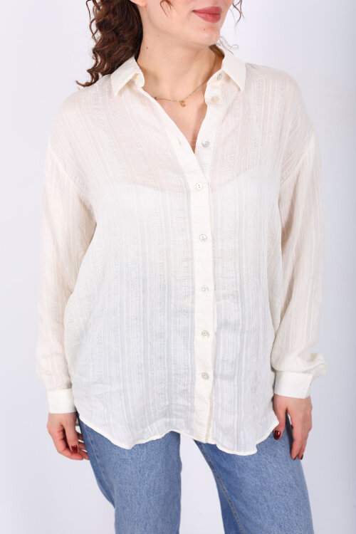 Dokulu Oversize Hafif Transparan Kadın Taş Rengi Gömlek - Berox (1)