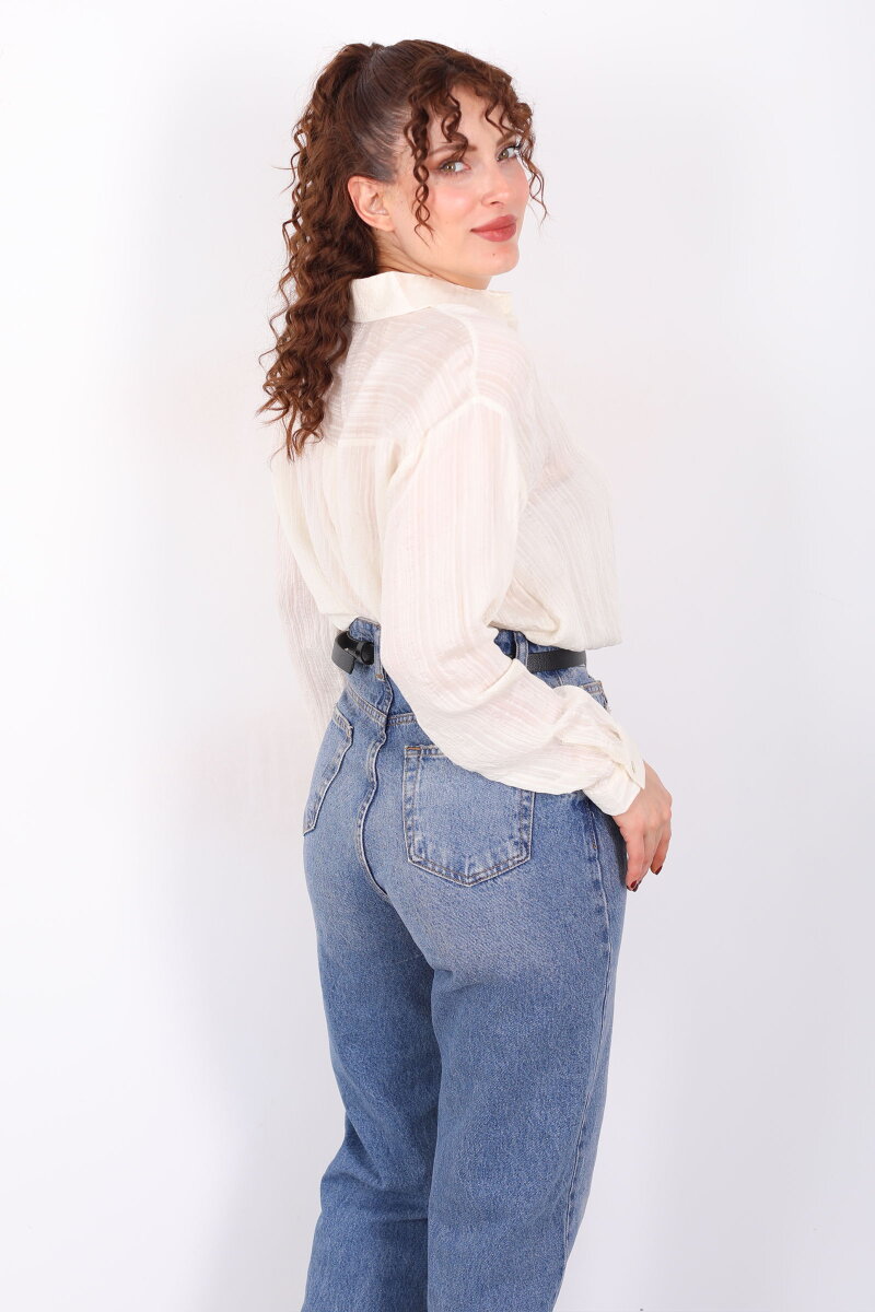 Dokulu Oversize Hafif Transparan Kadın Taş Rengi Gömlek - 5