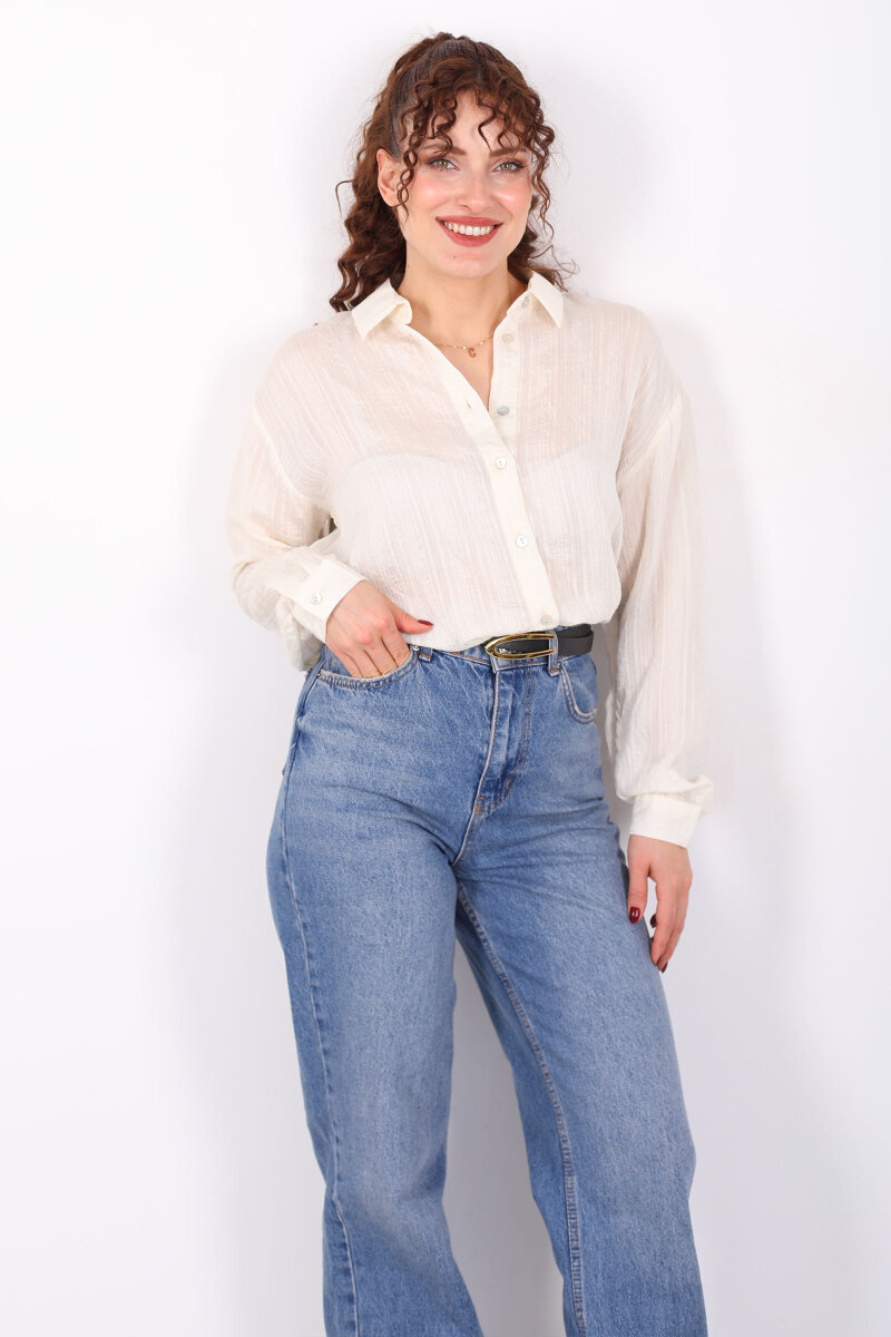 Dokulu Oversize Hafif Transparan Kadın Taş Rengi Gömlek - 4