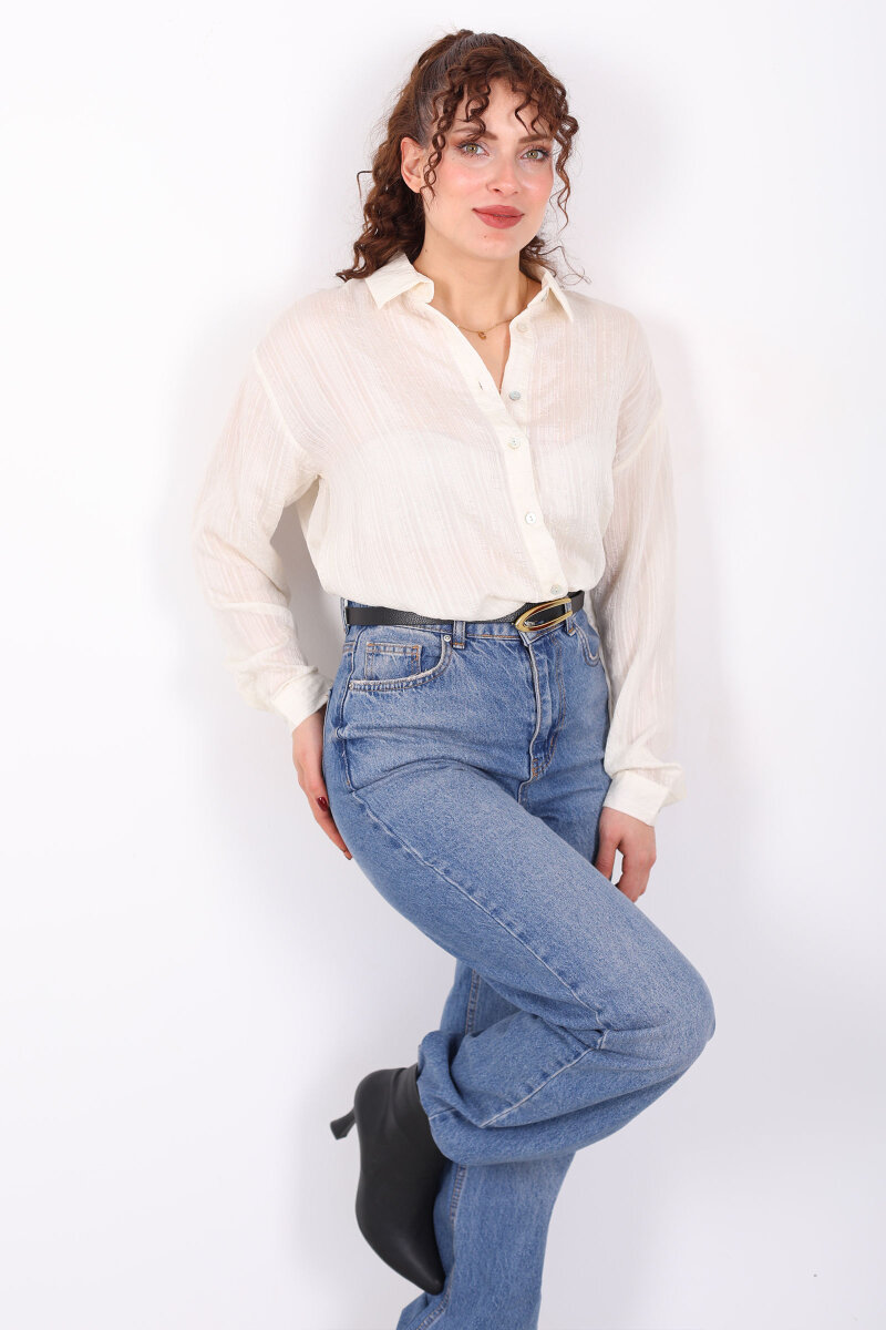 Dokulu Oversize Hafif Transparan Kadın Taş Rengi Gömlek - 6