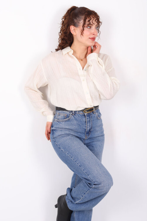 Dokulu Oversize Hafif Transparan Kadın Taş Rengi Gömlek - Berox