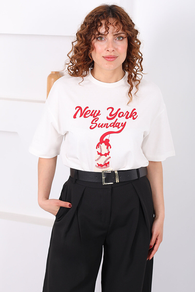 Dondurma Baskılı Oversize Kadın Ekru Oversize T-Shirt - 3