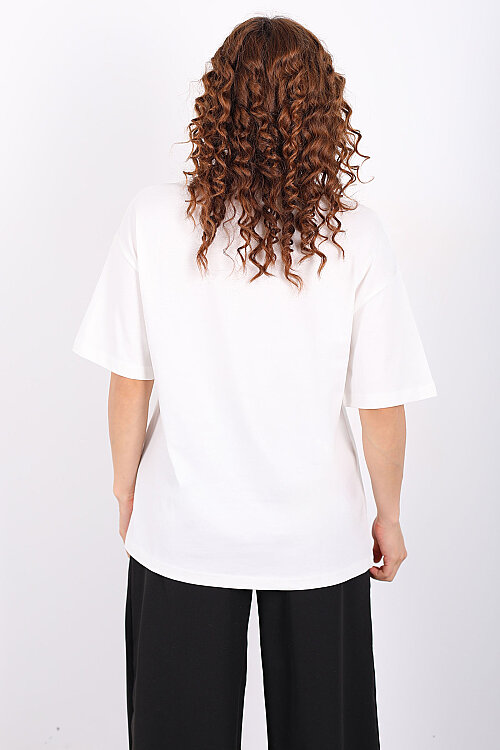 Dondurma Baskılı Oversize Kadın Ekru Oversize T-Shirt - 5