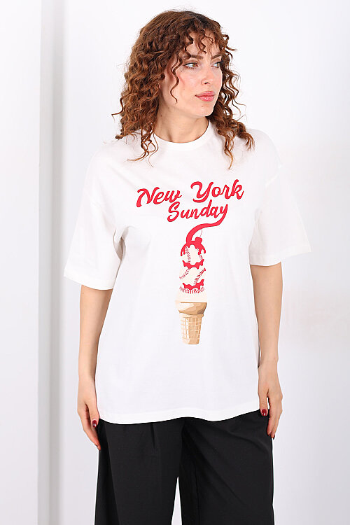 Dondurma Baskılı Oversize Kadın Ekru Oversize T-Shirt - 4