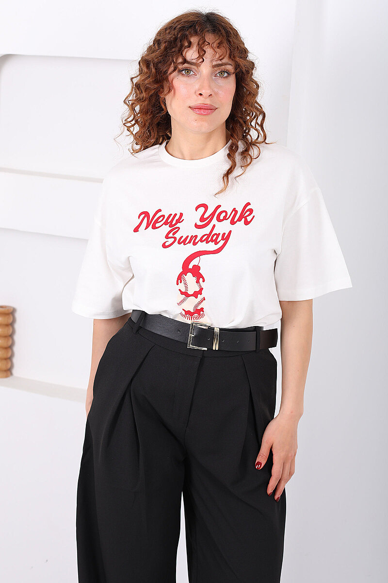Dondurma Baskılı Oversize Kadın Ekru Oversize T-Shirt - 6