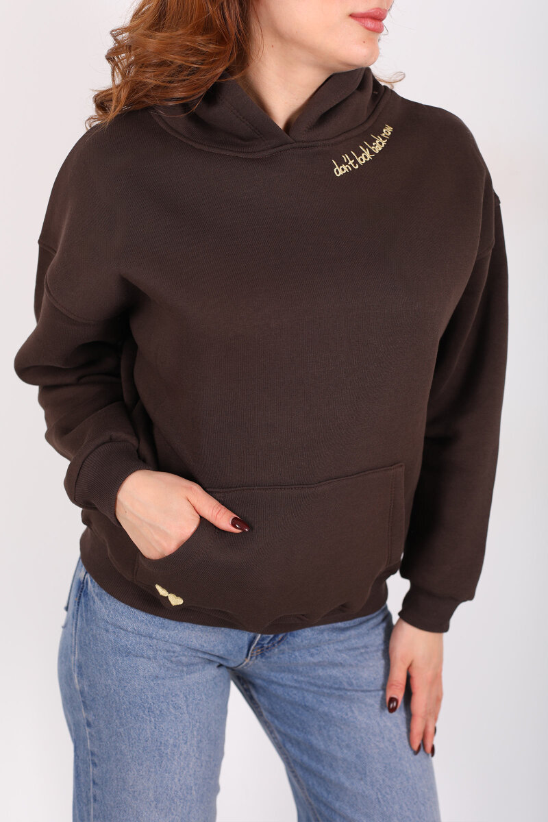 Don't Look Ön Arka Baskılı Acı Kahve Kadın Hoodie - 4