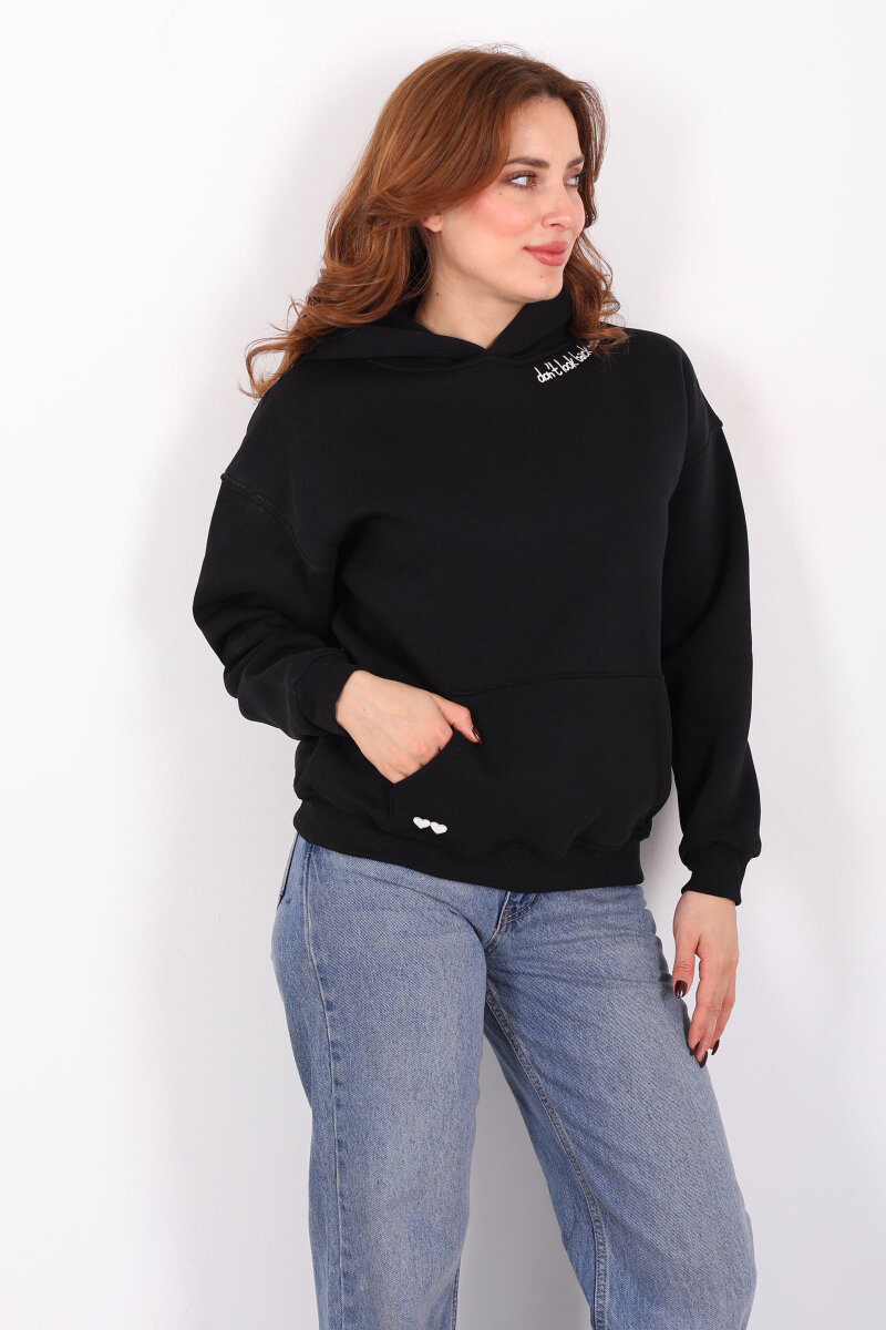 Don't Look Ön Arka Baskılı Siyah Kadın Hoodie - 1