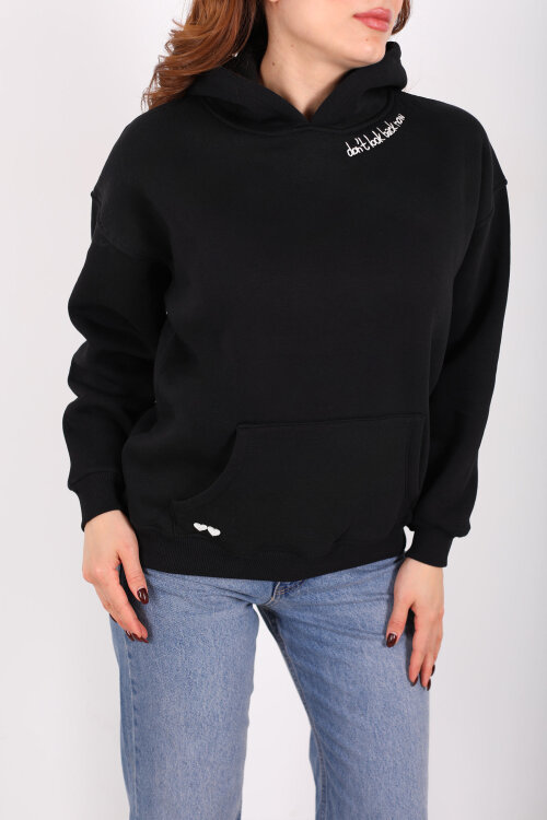 Don't Look Ön Arka Baskılı Siyah Kadın Hoodie - 4
