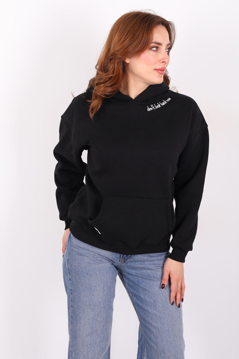 Don't Look Ön Arka Baskılı Siyah Kadın Hoodie - 6
