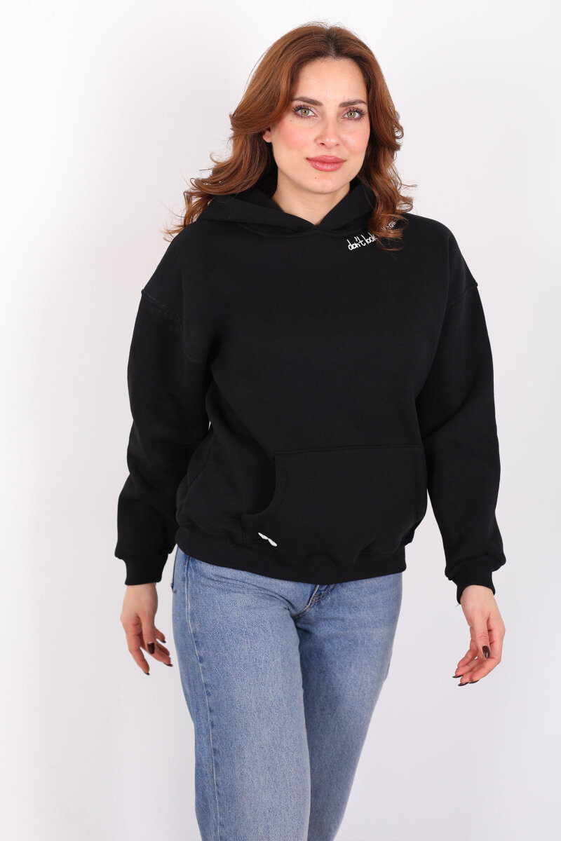 Don't Look Ön Arka Baskılı Siyah Kadın Hoodie - 3