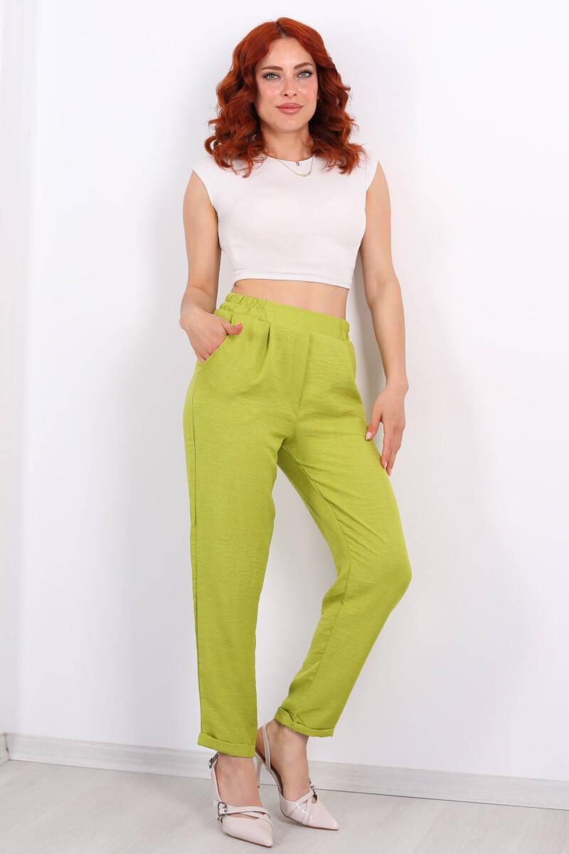 Duble Paça Keten Fıstık Yeşili Kadın Pantolon - 4