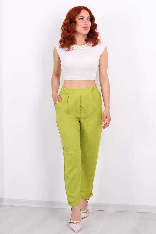 Duble Paça Keten Fıstık Yeşili Kadın Pantolon - 3