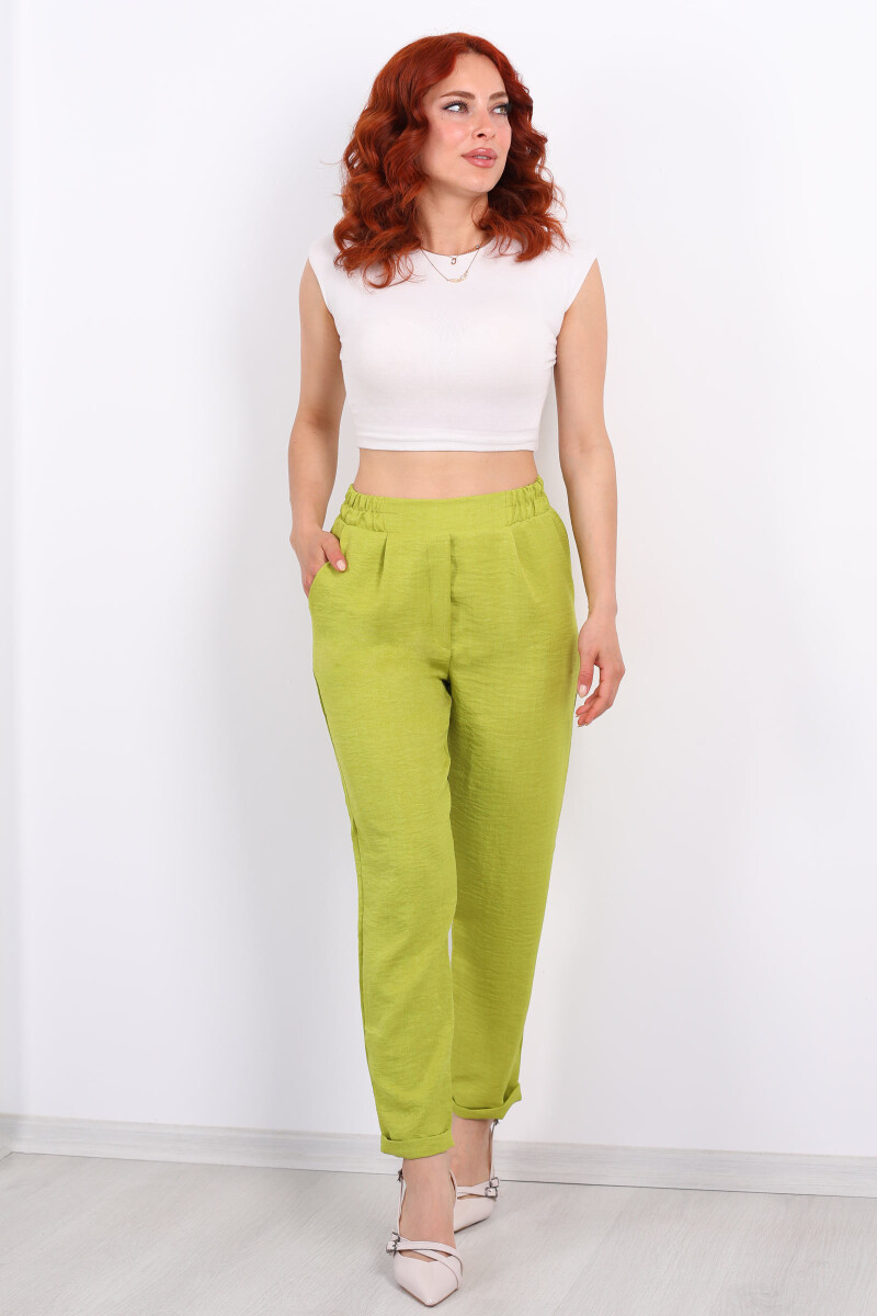 Duble Paça Keten Fıstık Yeşili Kadın Pantolon - 3