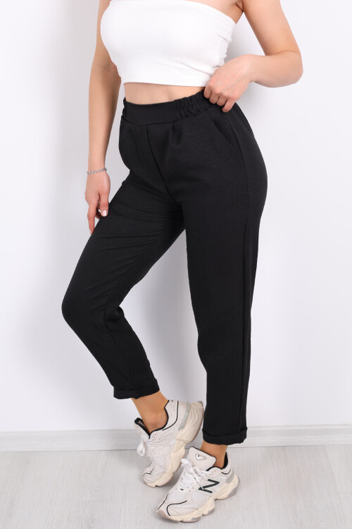 Duble Paça Keten Siyah Kadın Pantolon - 2