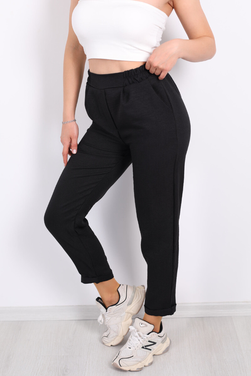 Duble Paça Keten Siyah Kadın Pantolon - 2