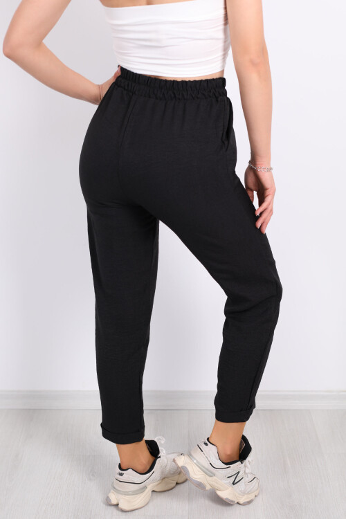 Duble Paça Keten Siyah Kadın Pantolon - 5