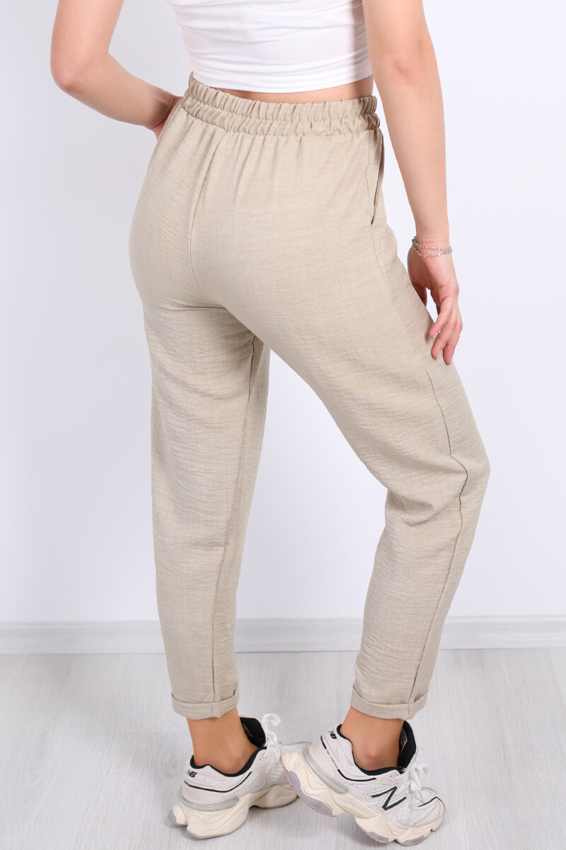 Duble Paça Keten Taş Rengi Kadın Pantolon - 5