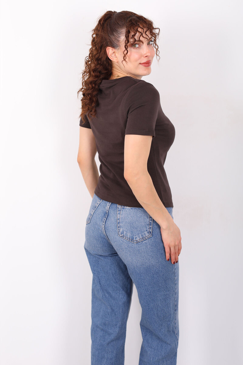 Drape Detaylı Asimetrik Kesim Kısa Kol Acı Kahve Kadın Bluz - 5