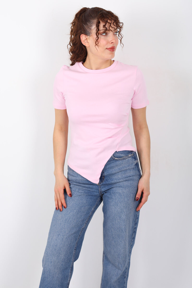 Drape Detaylı Asimetrik Kesim Kısa Kol Pembe Kadın Bluz - 4