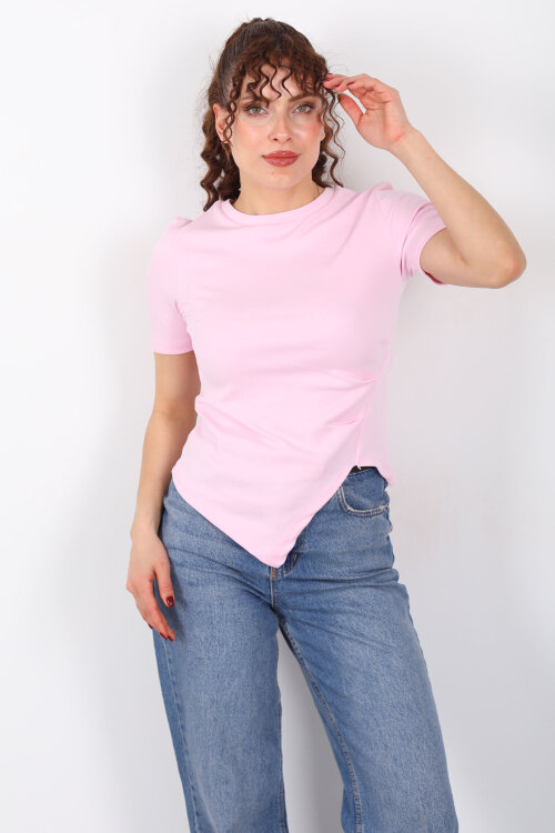 Drape Detaylı Asimetrik Kesim Kısa Kol Pembe Kadın Bluz - Berox