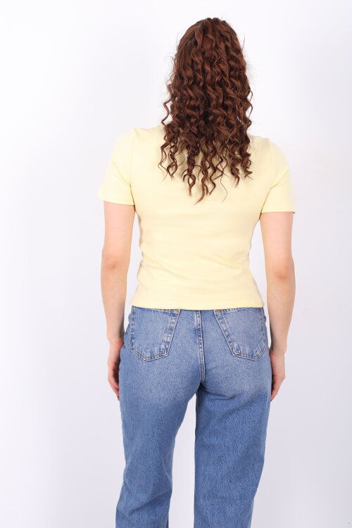 Drape Detaylı Asimetrik Kesim Kısa Kol Sarı Kadın Bluz - 5