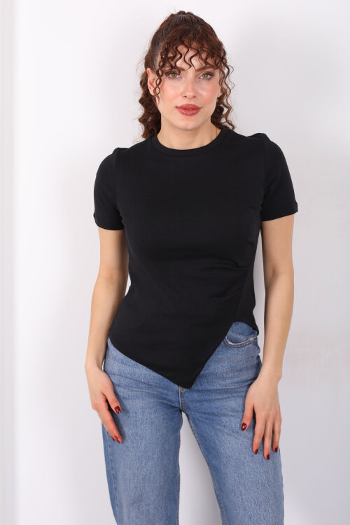 Drape Detaylı Asimetrik Kesim Kısa Kol Siyah Kadın Bluz - 4