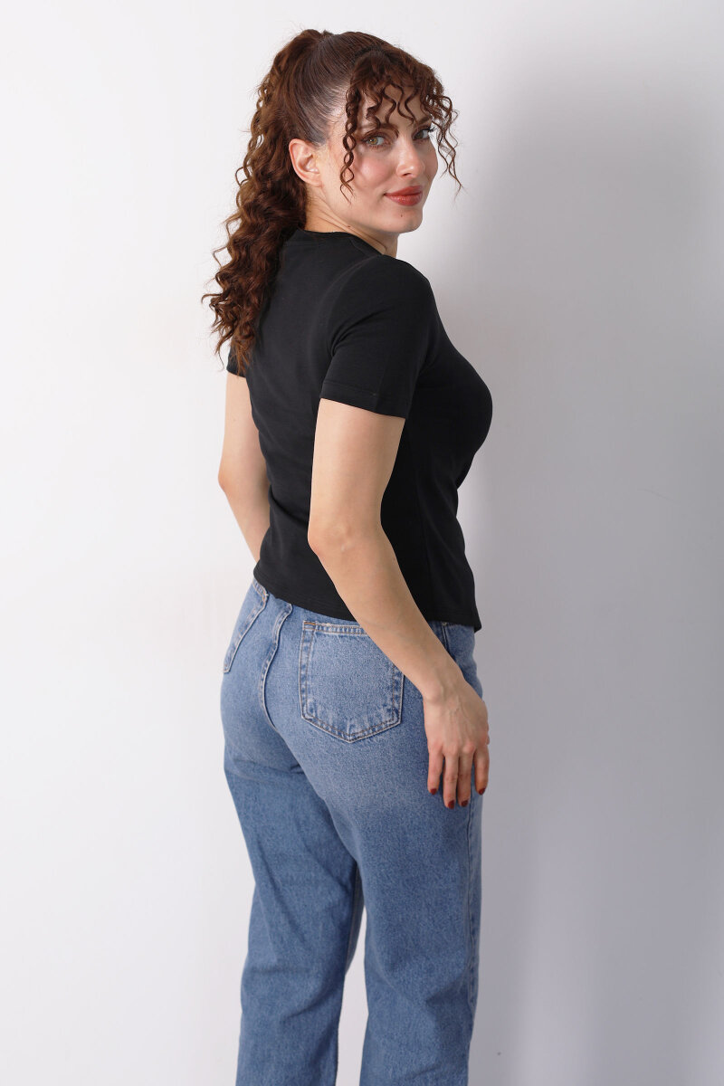 Drape Detaylı Asimetrik Kesim Kısa Kol Siyah Kadın Bluz - 5