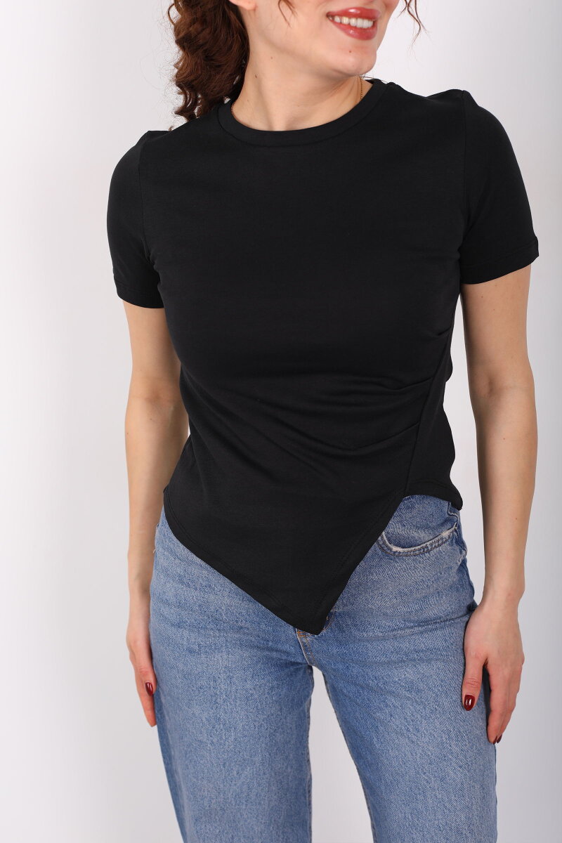 Drape Detaylı Asimetrik Kesim Kısa Kol Siyah Kadın Bluz - 2