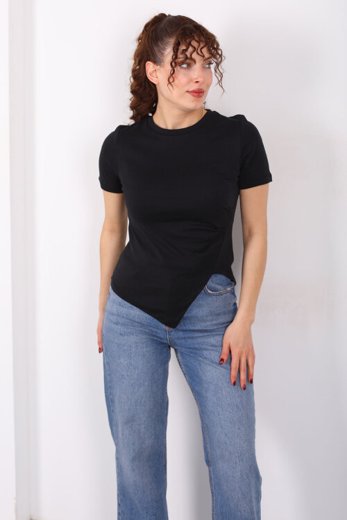 Drape Detaylı Asimetrik Kesim Kısa Kol Siyah Kadın Bluz - 6