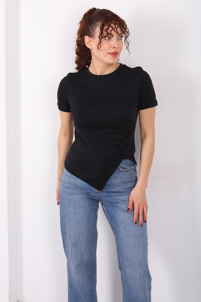 Drape Detaylı Asimetrik Kesim Kısa Kol Siyah Kadın Bluz - 6
