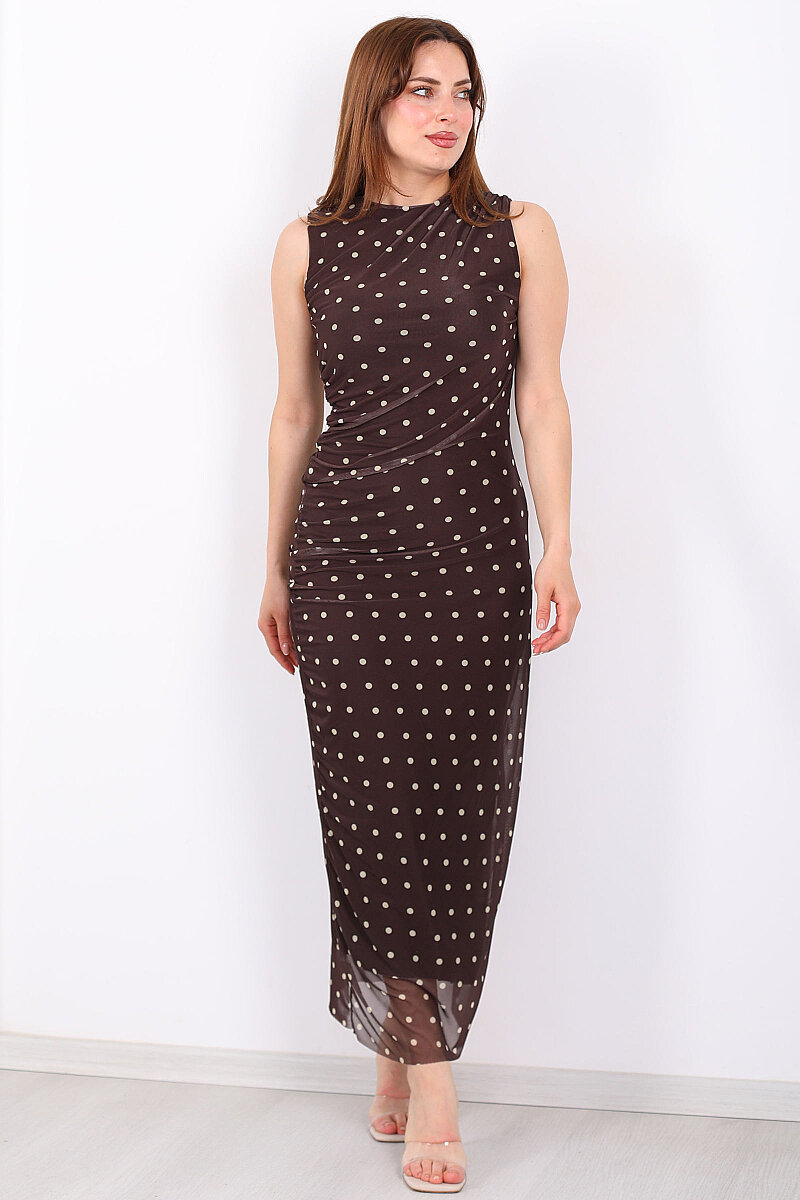 Drape Detaylı Puantiyeli Midi Kahverengi Kadın Tül Elbise - 7