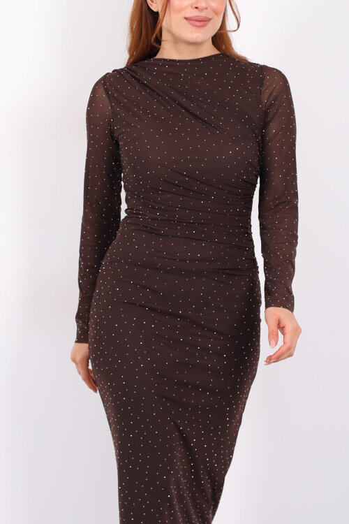 Drapeli Büzgülü Taşlı Acı Kahve Kadın Midi Tül Elbise - Berox (1)