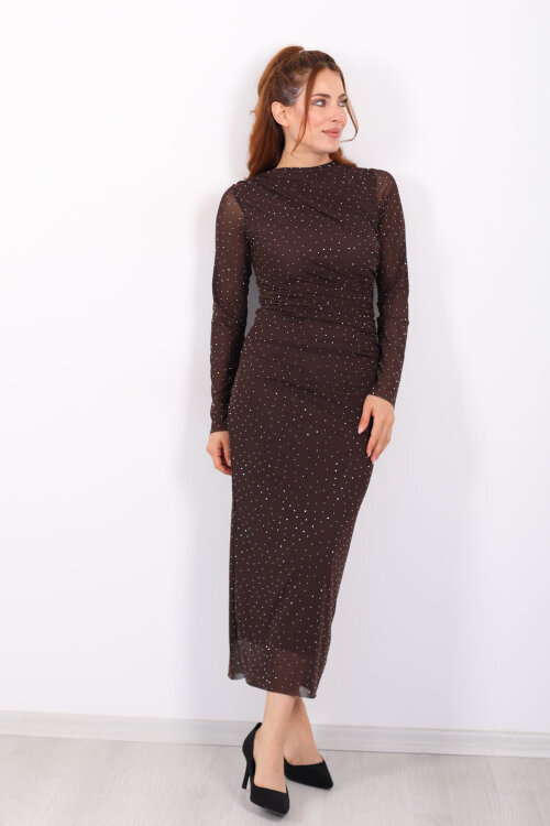 Drapeli Büzgülü Taşlı Acı Kahve Kadın Midi Tül Elbise - Berox